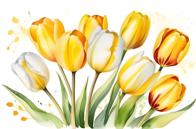 Watercolor bouquet of yellow tulip flowers Spring flowers illustration