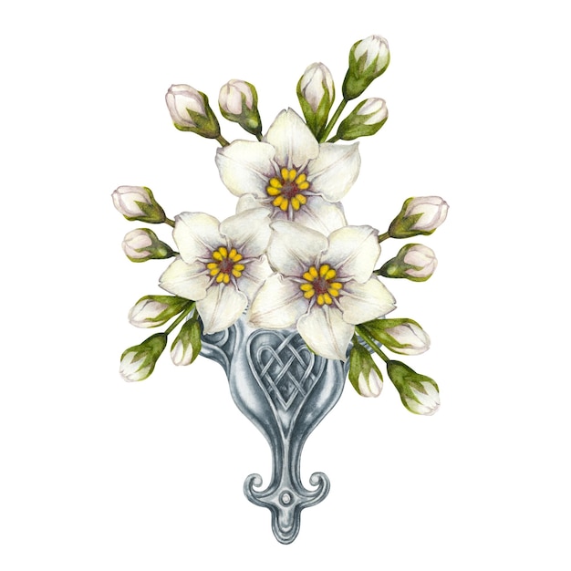 Watercolor bouquets of white forgetmenots as vignettes in a silver boutonniere for easter wedding