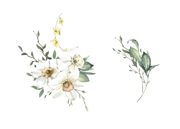 watercolor bouquets with daffodils forsythia branch and foliage perfect for invitation and social media