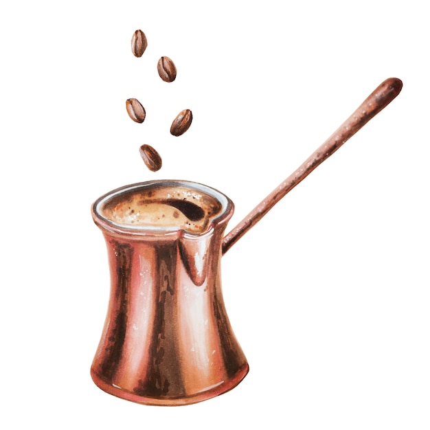 Watercolor brass cezve for coffee illustration with coffee beens Hand painting on a white isolated