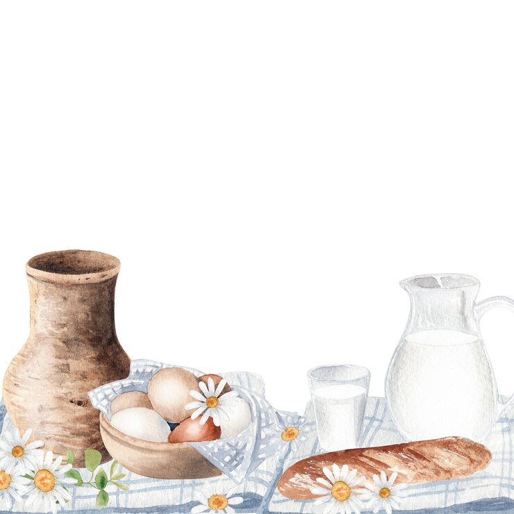 Watercolor breakfast with milk and bread Summer picnic in village Farm illustration