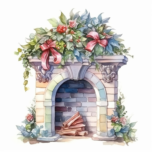 Watercolor brick fireplace with poinsettia flowers