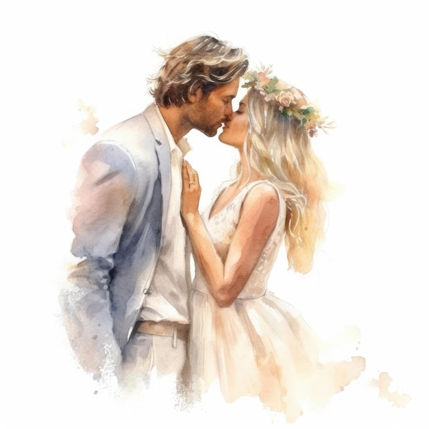 Watercolor of a bride and groom kissing