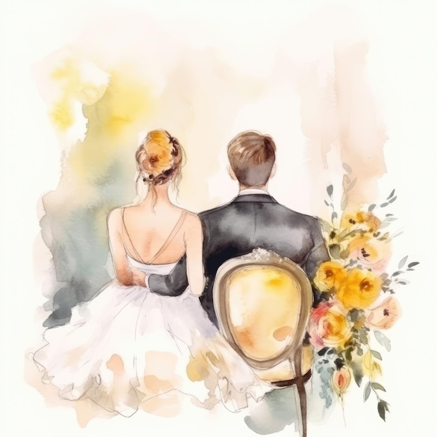 Watercolor bride and groom