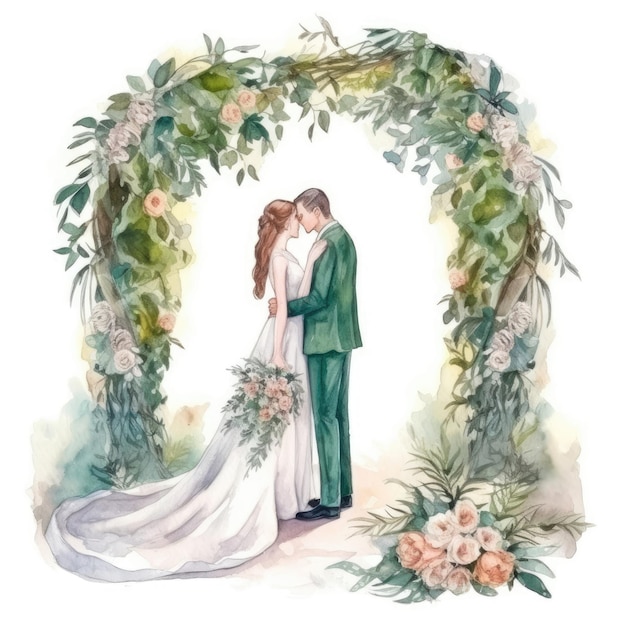 Watercolor bride and groom