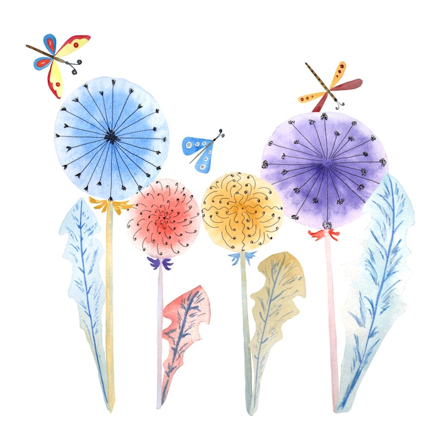 Watercolor bright dandelions butterflies and moths on a white background Isolates Raster