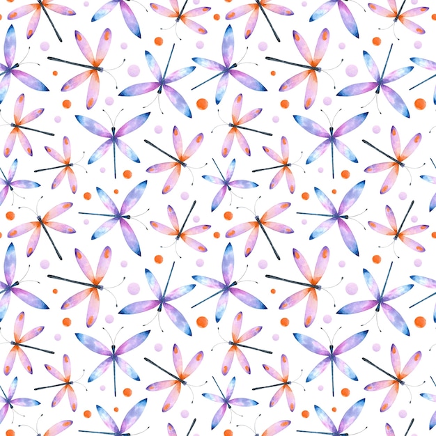 Watercolor bright pink violet and orange butterfly dragonfly seamless pattern