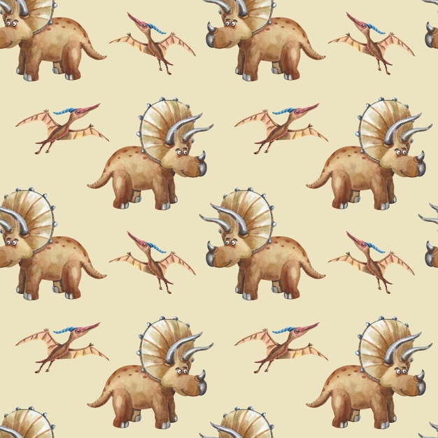 Watercolor brown dinosaurus Seamless pattern Cute triceratops pterodactyl