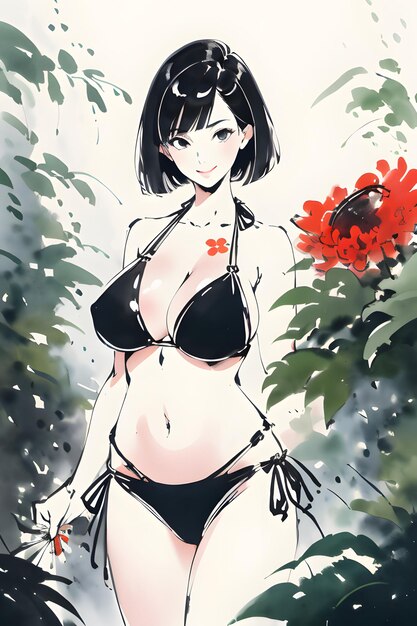 watercolor brushwork of kawaii anime girl in bikini breasts and flowers