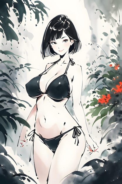 watercolor brushwork of kawaii anime girl in bikini breasts and flowers
