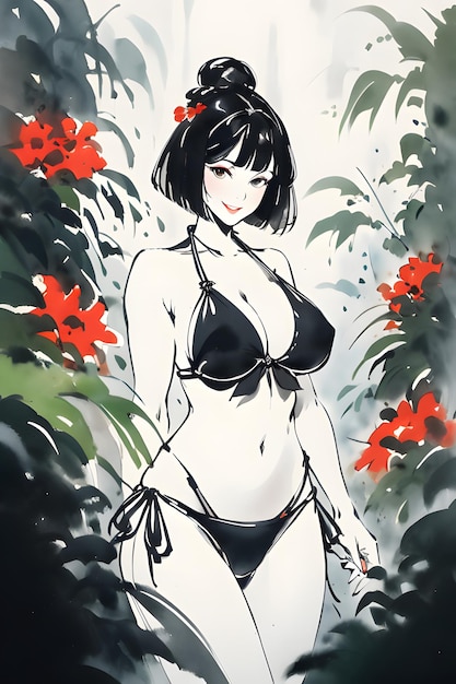 watercolor brushwork of kawaii anime girl in bikini breasts and flowers