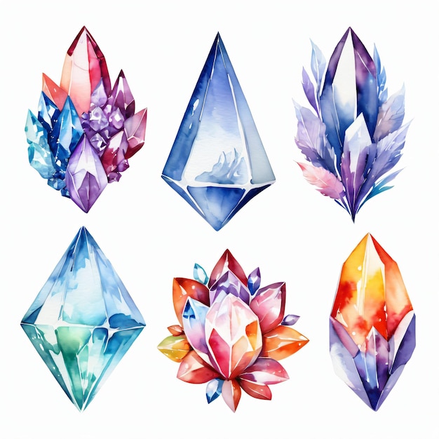 Watercolor bundle set of the colorful crystal clasters set clipart