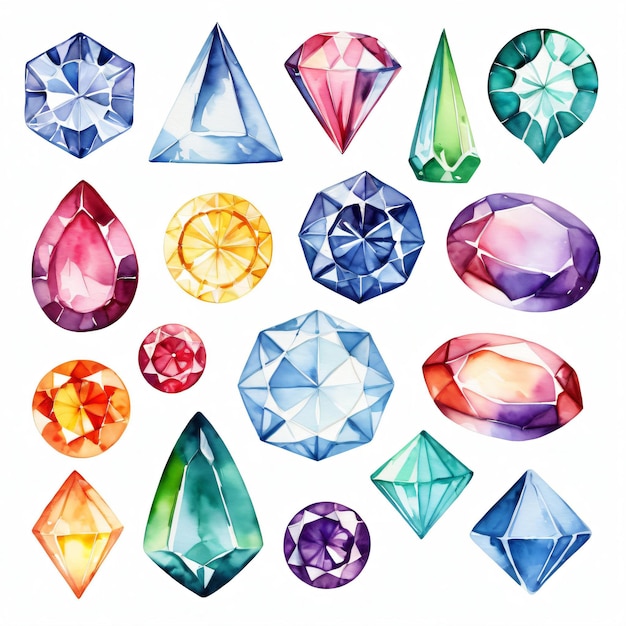 Photo watercolor bundle set of the colorful crystal gems elements set clipart