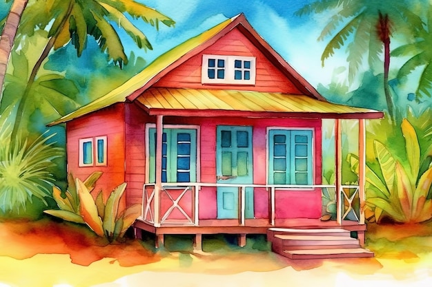 Watercolor bungalow with palm trees background travel illustration