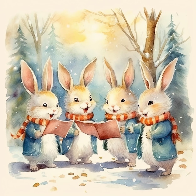 Watercolor bunnies in clothes singing Christmas tree Illustration AI Generative