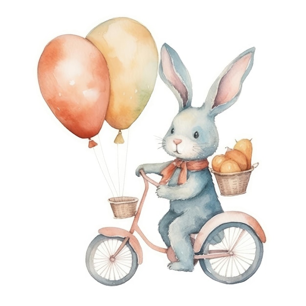 Watercolor bunny bear on a bike