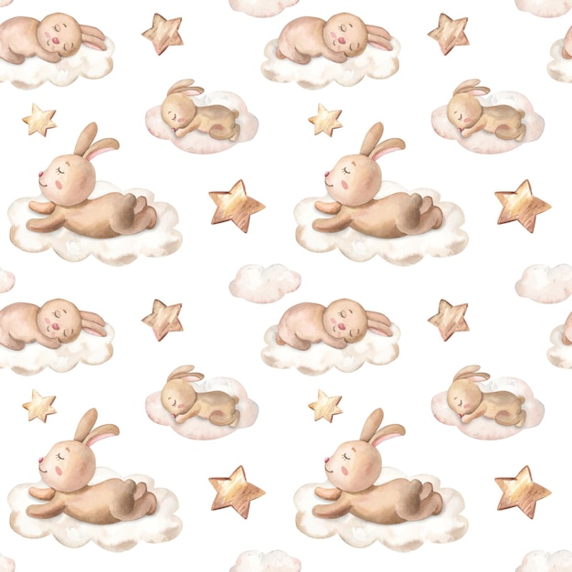 Watercolor bunny fly on cloud cute baby animal seamless pattern\
watercolour illustration