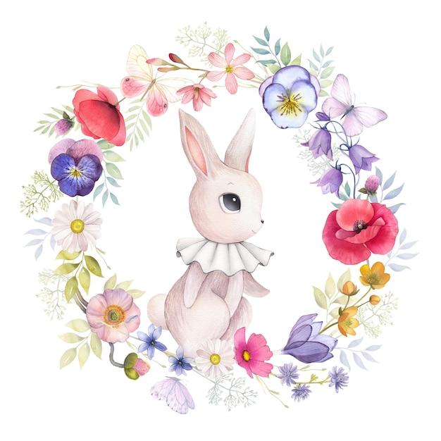 Watercolor bunny rabbit hare gray set balloons cutie cute animal portrait in pastel wreath