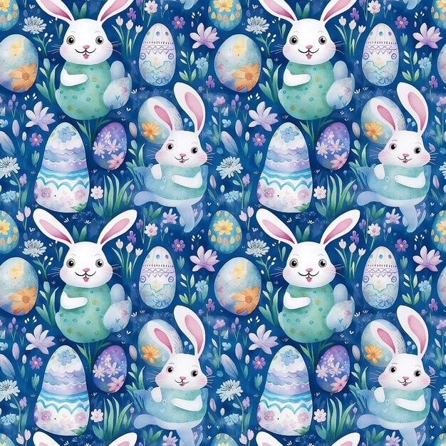 watercolor bunny rabbits in bowls with vegetables and flowers seamless pattern