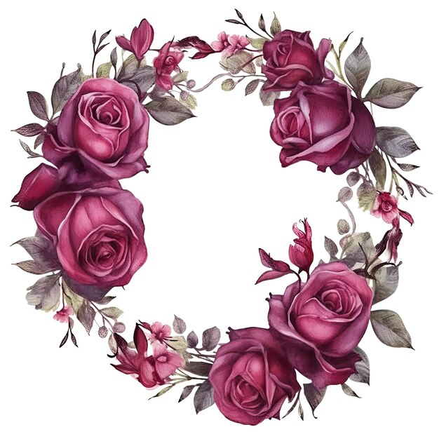 Watercolor Burgundy roses wreath