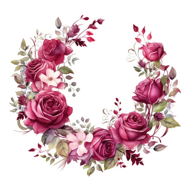 Watercolor Burgundy roses wreath