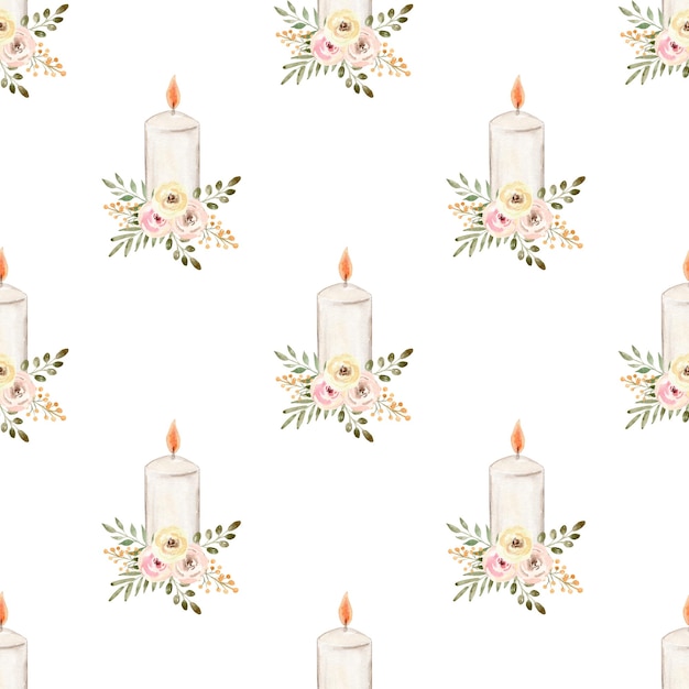 Foto candela ad acquerello con fiori a disegno senza cuciture su sfondo bianco