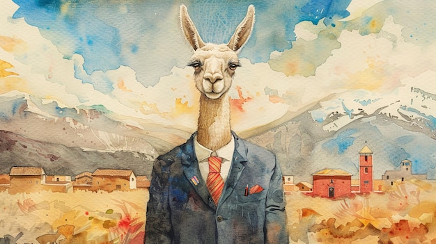 watercolor Businesssuited llama standing tall amidst market fluctuations