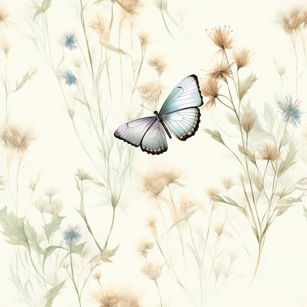 Фото Акварель бабочка цветок листья бесшовный рисунок красивый нежный фон для текстиля