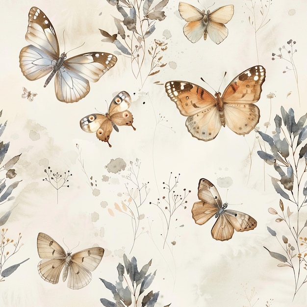 Акварель бабочка цветок листья бесшовный рисунок красивый нежный фон для текстиля
