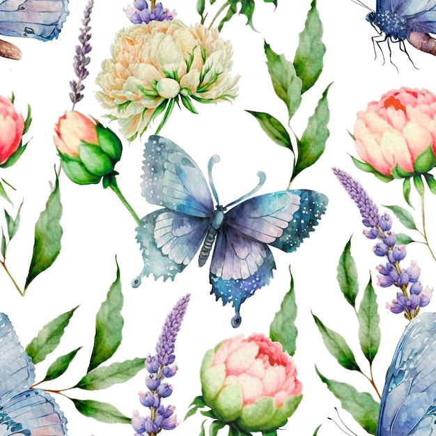 Watercolor butterfly and lavender flower elegant painting seamless pattern background