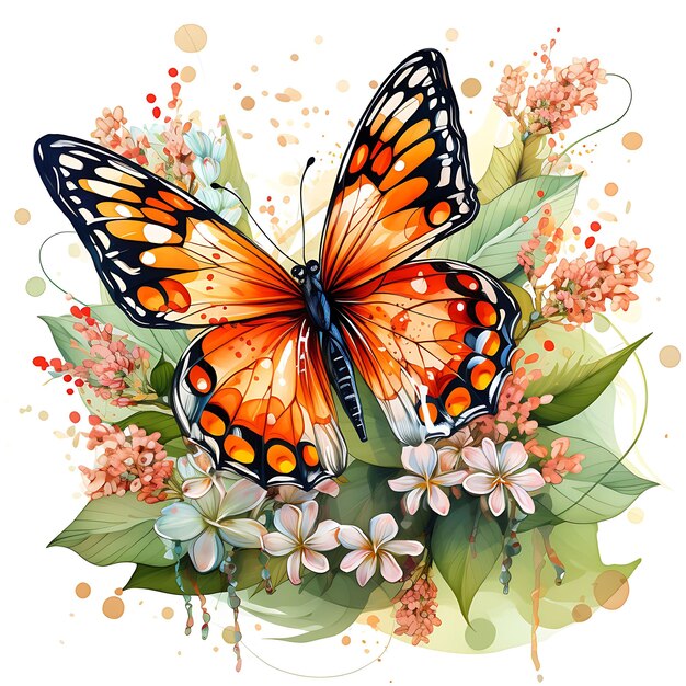 Watercolor Butterfly Wild Animal Surrounded by Milkweed Flow on White Background Digital Art