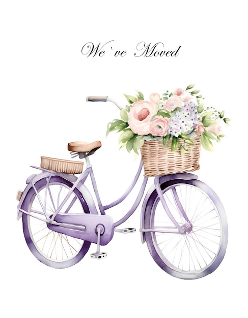 Watercolor bycicle with flowers Vintage style bycicle We have moved card