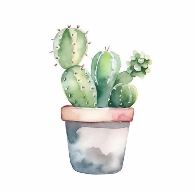 Watercolor cactus in a pot, hand painted, isolated on a white background.