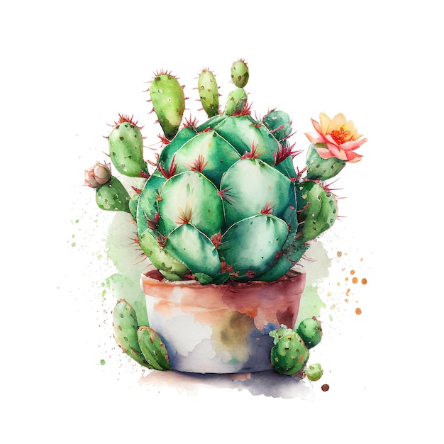 Watercolor Cactus in Pot Mexican Cacti Cute Succulent Generative AI Illustration