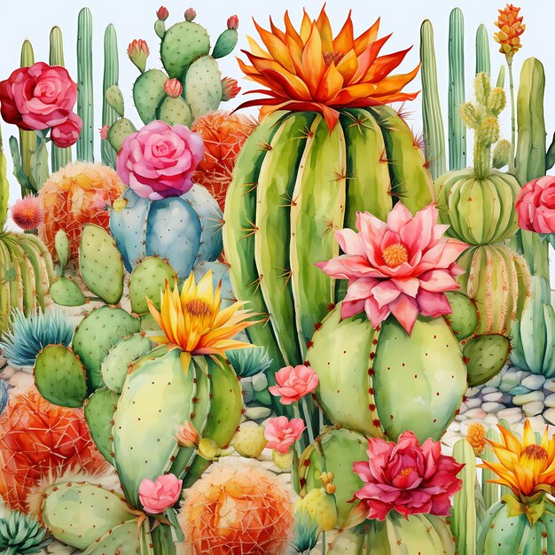 Watercolor cactus and suculent plants