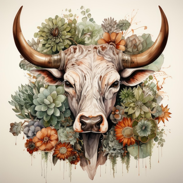 Watercolor Cactus with Bull Skull illustration Generative Ai