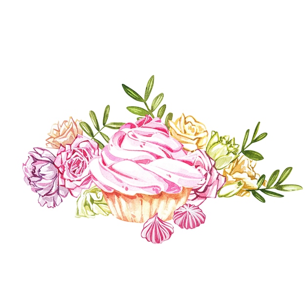 Watercolor cake hand painted illustration isolated . Watercolor sweets collection.