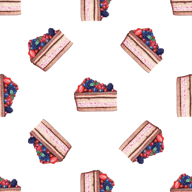 Watercolor cake seamless pattern on white background