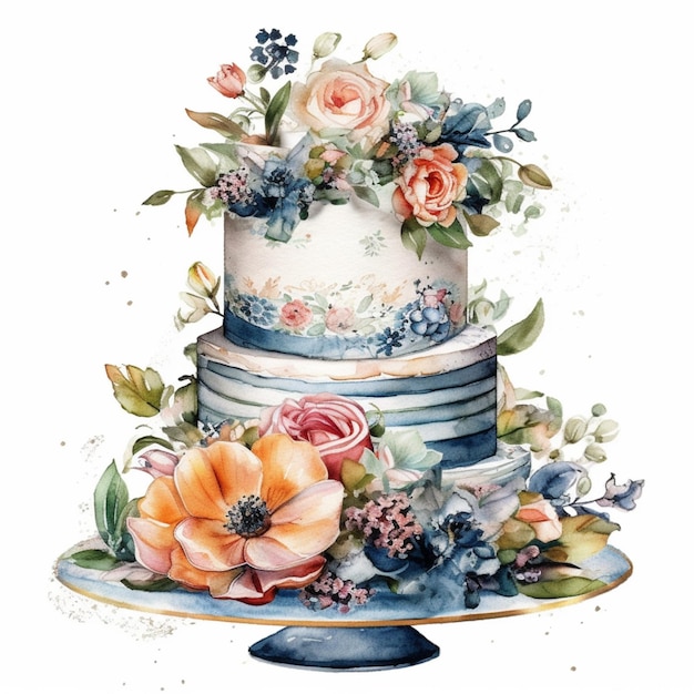 Watercolor cake with flowers on a stand