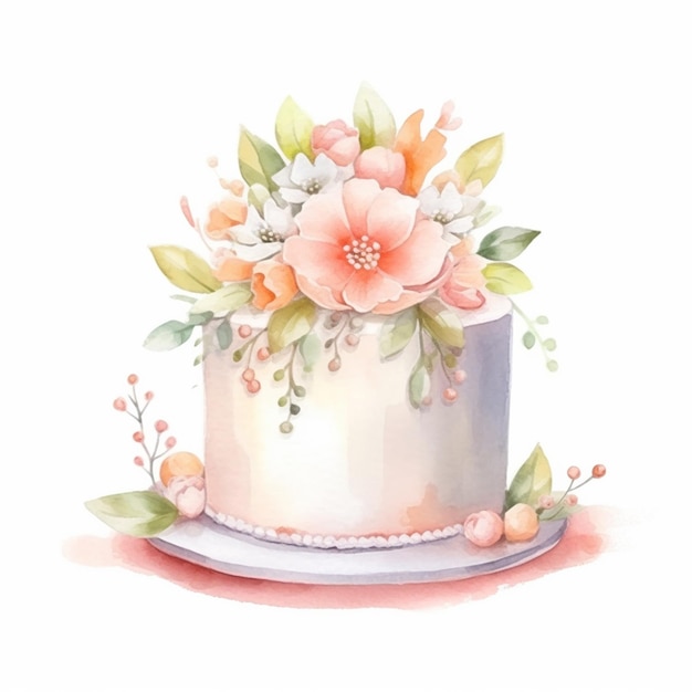 흰색 배경에 꽃이 있는 수채화 케이크