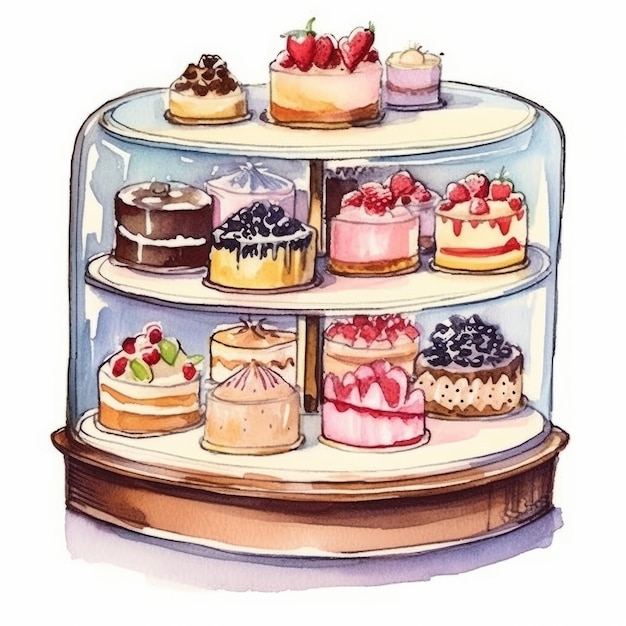 watercolor cakes with fruits