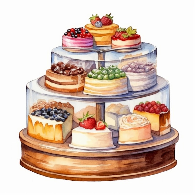 watercolor cakes with fruits