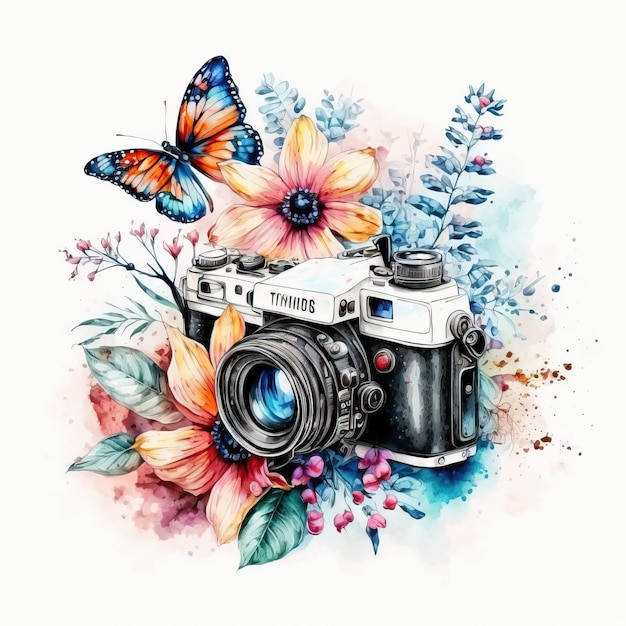 watercolor camera and flowers isolated on white