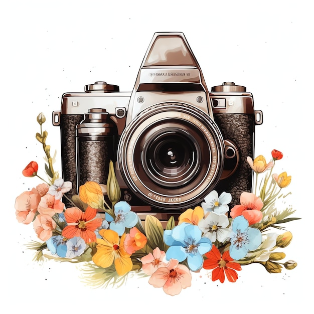 Watercolor A camera with a filmstrip and snapshots