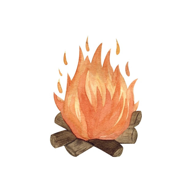 사진 나무 조각으로 수채화 캠핑 산불