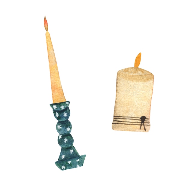 Watercolor candles illustration with Christmas decorations