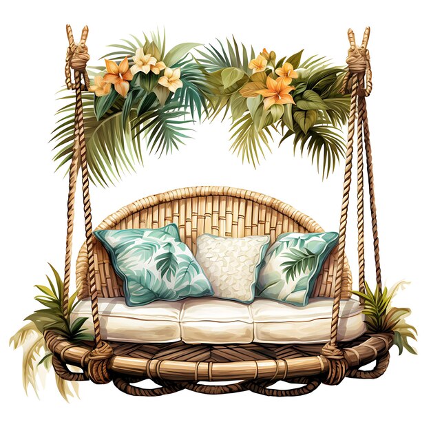 Photo watercolor of cane swing tropical cushions braided ropes tropical watercol clipart tshirt isolated