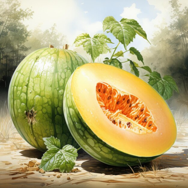 Photo watercolor cantaloupe clipart illustration generative ai