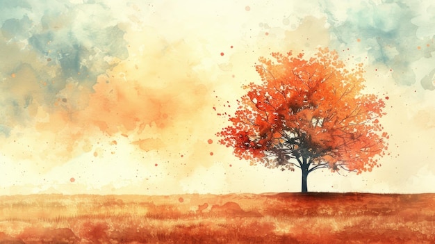 하늘과 가을의 나무가 그려진 수채화 캔버스 일러스트레이션 벽지 디지털 아트