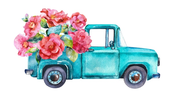 Watercolor car An old blue pickup truck with magnolias in the back